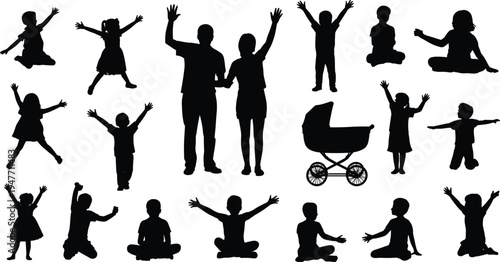 Kids playing silhouettes collection children jumping sitting happy childhood activity baby stroller family black silhouette vector illustration set