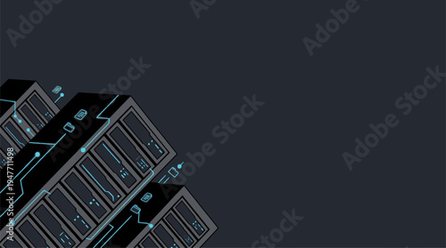 Modern data center server racks with blue data lines vector illustration
