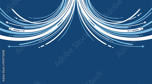 Blue and white curved data lines flowing on dark background vector illustration