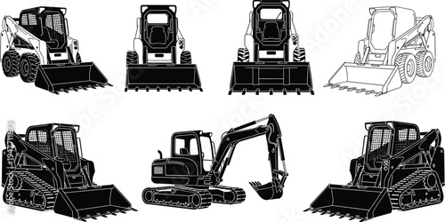 construction machinery set silhouettes, skid steer loader and excavator equipment, heavy construction vehicles collection, industrial machinery illustration
