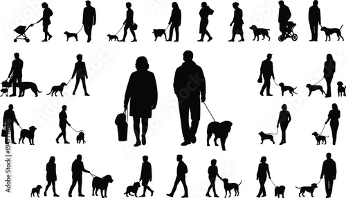 People walking with dogs silhouettes collection dog walker pet owner walking dog leash lifestyle black silhouette vector set