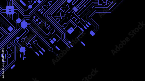 Blue quantum circuit board motherboard schematic background vector illustration