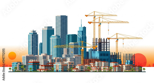 Modern Cityscape Under Construction with Cranes and Skyscrapers.