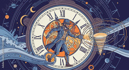 Steampunk time master actively manipulates temporal energy within a cosmic clock, embarking on a visionary journey through the universe, exploring the fabric of existence