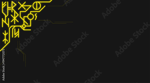 Yellow glowing neon runes and circuit lines on dark background vector illustration
