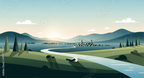 Serene Countryside Landscape with Winding River and Distant Village.