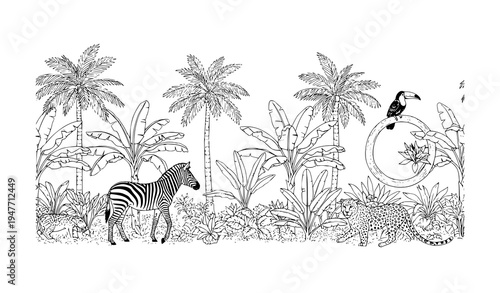 Tropical jungle mural seamless border with vintage botanical plants and exotic animals vector
