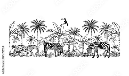 Vintage tropical jungle toile border with palm banana plants leopard zebra and toucan vector illustration