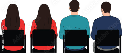 people sitting back view audience set, men and women on chairs rear perspective, meeting seminar illustration, group
