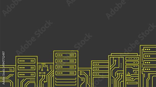 Abstract technology server racks and circuit board skyline vector illustration on dark background