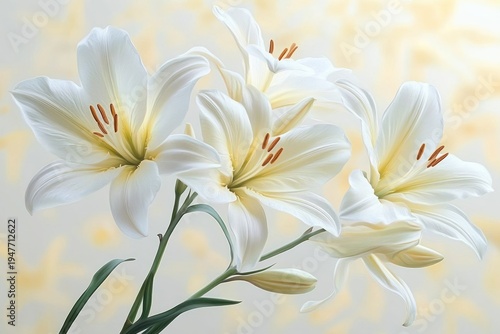 cluster of white lilies with buds on green stems against a soft warm background, evoking calm elegance