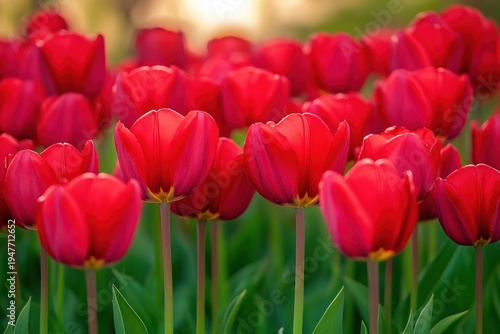sunlit field of vibrant red tulips with green stems and soft golden backlight, serene uplifting mood