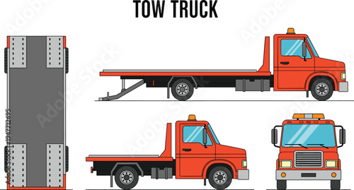 Tow truck flatbed vehicle vector illustration, roadside assistance transport carrier, recovery truck design, front side top view isolated towing service