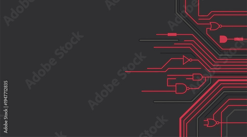 Abstract red electronic circuit board logic gates on dark background vector illustration
