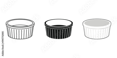 Three ramekins in different line art styles on white background