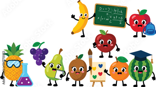 Cute fruit students and teachers cartoon set learning science math art kawaii school characters education kids vector illustration