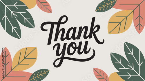 A colorful thank you card with autumn leaves on a beige background