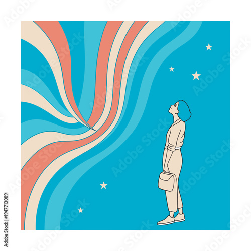 A minimalist illustration of a woman gazing upward at a flowing, colorful stream in the sky.

