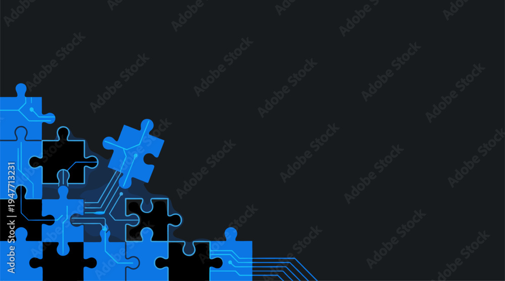 Fototapeta premium Abstract digital puzzle pieces with circuit board lines on dark background vector illustration
