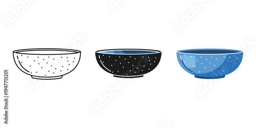 Three colorful bowls with white speckles side by side