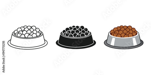 Three dog food bowls with different types of pet food