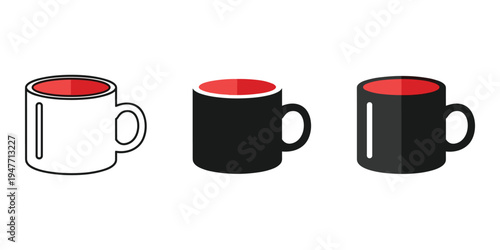 Three coffee mugs in black and white line art on white background