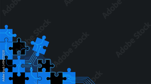 Abstract digital puzzle pieces with circuit board lines on dark background vector illustration