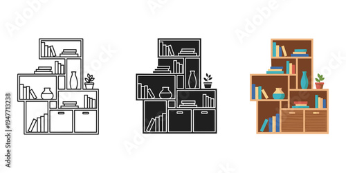 Three different colorful bookshelf illustrations with various book arrangements