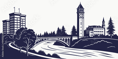 USA, US, U.S, United States - Spokane skyline riverfront silhouettes monochrome travel poster 