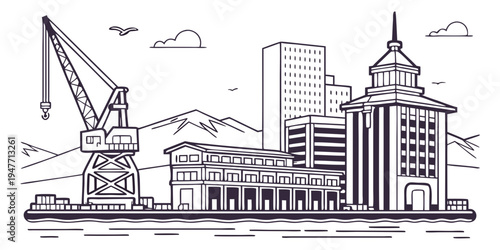 USA, US, U.S, United States - Tacoma skyline with harbor cranes minimalist monochrome architecture panorama