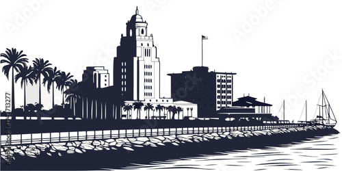 Long Beach Harbor Skyline Silhouette | Monochrome Architecture Poster | USA US United States California Cityscape | Minimalist Black and White Coastal Urban Panorama Art