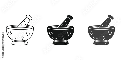 Mortar and pestle illustrations in black and white