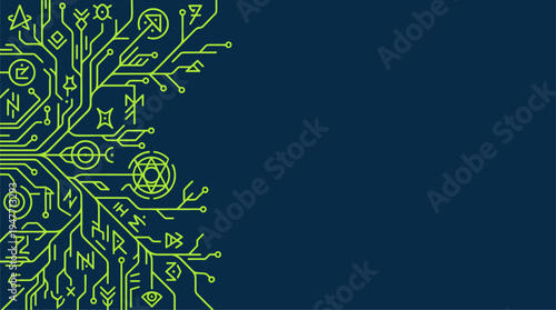 Green circuit board tree with mystical runes on dark background vector illustration