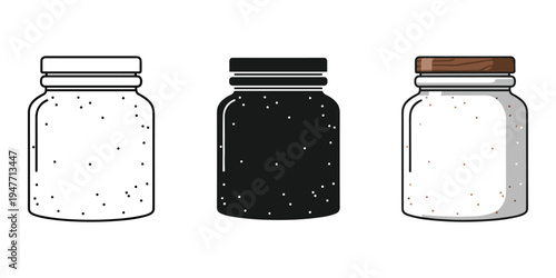 Three glass spice jars with lids on white background