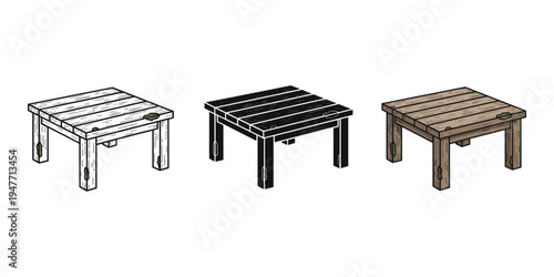 Three wooden pallet tables in different colors and line art styles