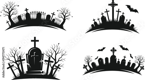 Set of spooky cemetery silhouettes with tombstones, creepy dead trees, bats, and crosses isolated on white background for Halloween vector design (20 words)