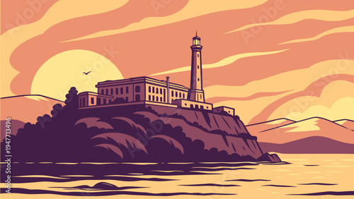 Alcatraz Island Dramatic Sunset Vector Illustration