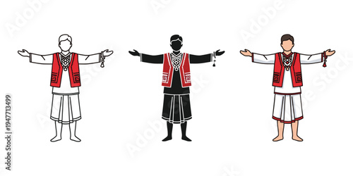 Diverse people wearing traditional attire with red vests