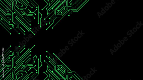 Green digital circuit board pattern on black background with copy space vector illustration