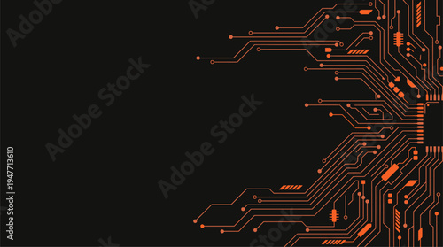 Futuristic orange circuit board pattern on black background high tech vector illustration