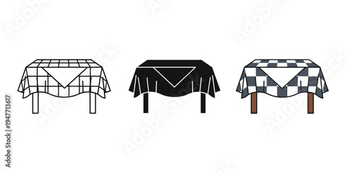 Three tables with different colored tablecloths and patterns