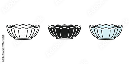 Three scalloped bowls in white black and light blue on white background