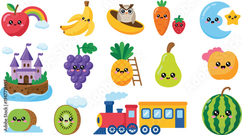 Cute kawaii fruit and fantasy elements cartoon collection with rainbow moon castle train adorable kids illustration vector icon set