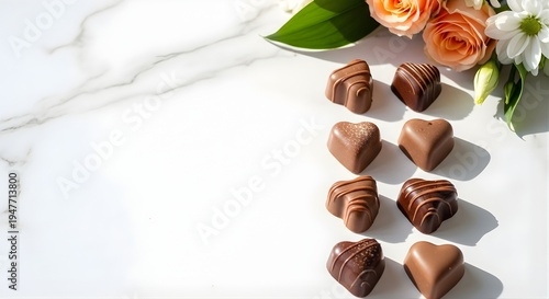 Delicious mother's day chocolate hearts on marble background with roses