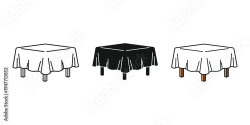 Three square tables with different colored tablecloths on legs