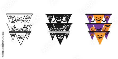 Halloween bunting flags with pumpkin faces in black white and colorful designs