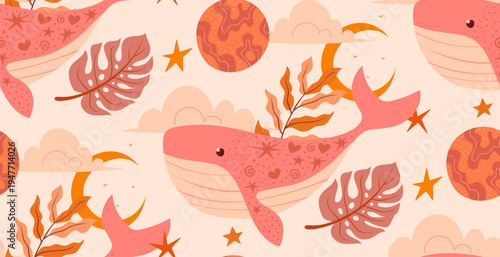Pink whales and tropical leaves seamless pattern