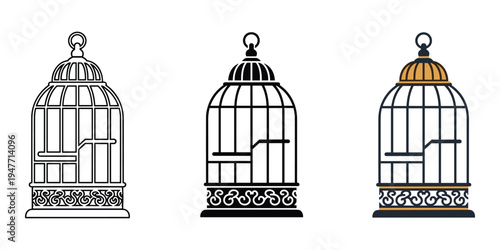 Three birdcages with different designs and colors standing alone