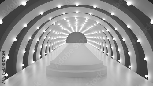 Fotografie Futuristic stage podium inside illuminated tunnel with circular light pattern, m