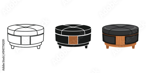 Three styles of round ottoman footstools with storage